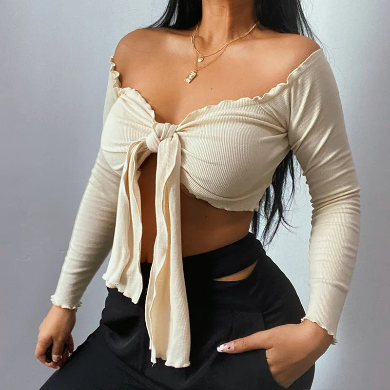 10625-SW57 designers 2021 autumn strapless bust bow thin sexy long sleeve blouse tank top crop t shirts women sehe fashion