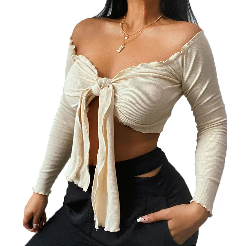 10625-SW57 designers 2021 autumn strapless bust bow thin sexy long sleeve blouse tank top crop t shirts women sehe fashion