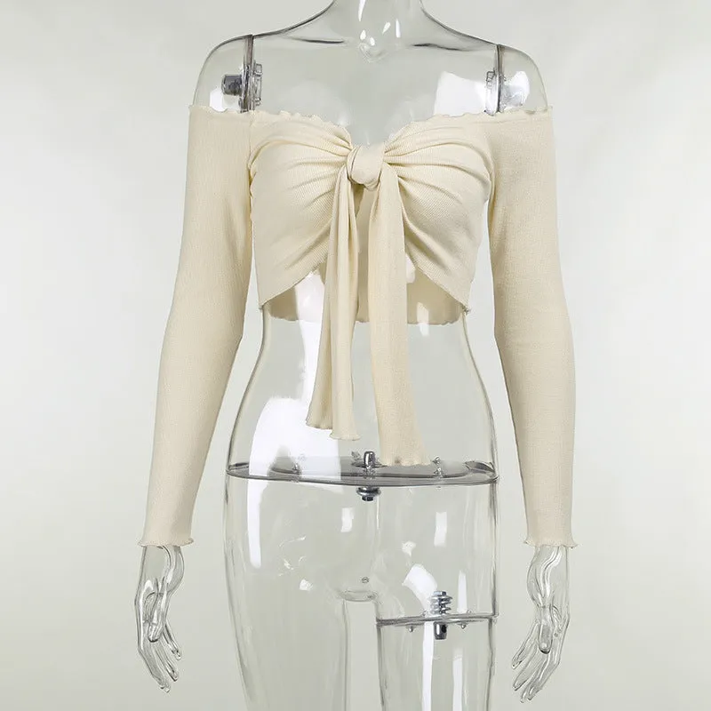 10625-SW57 designers 2021 autumn strapless bust bow thin sexy long sleeve blouse tank top crop t shirts women sehe fashion
