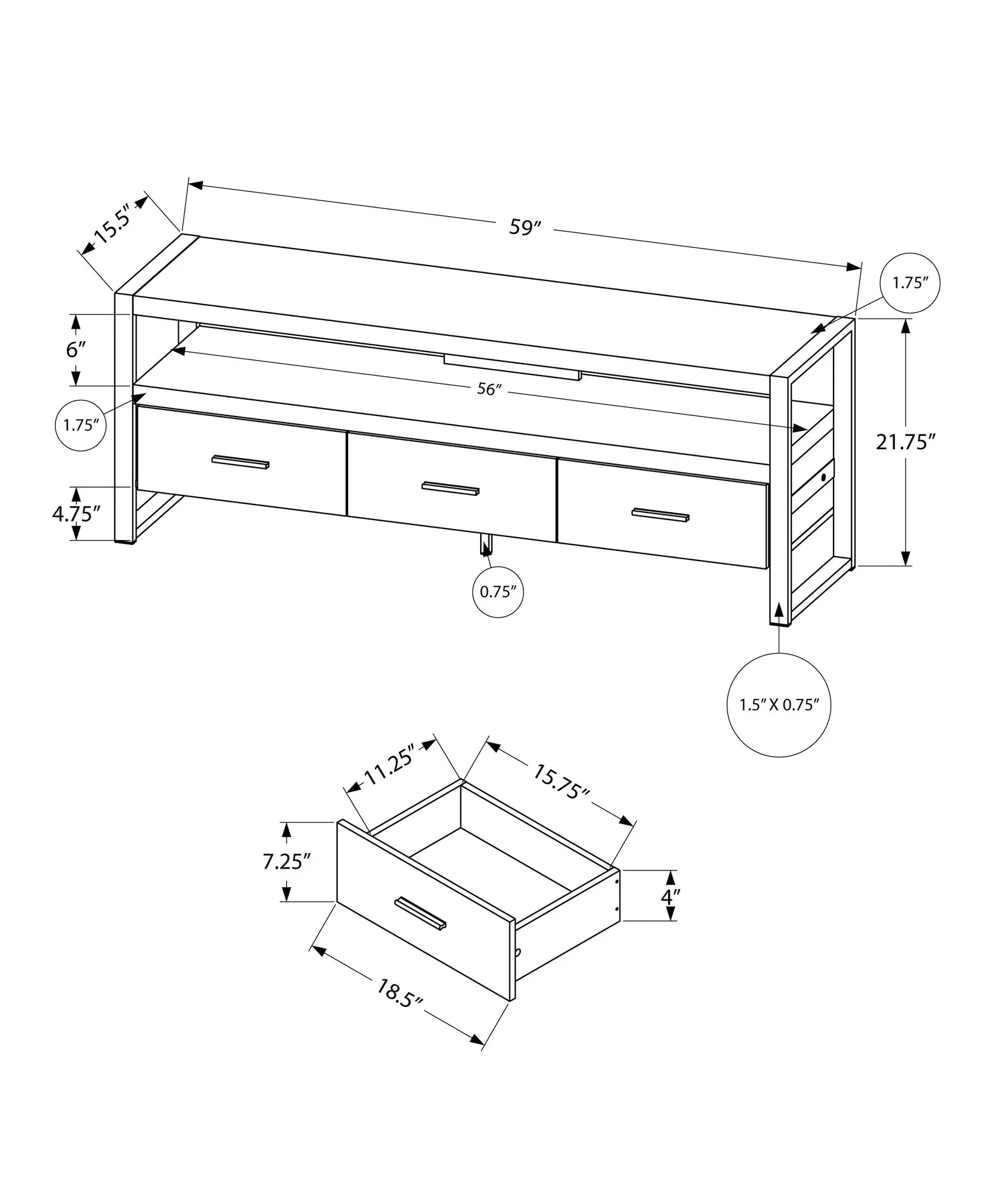 21.75" Grey Particle Board Hollow Core & Black Metal TV Stand With 3 Drawers By Homeroots