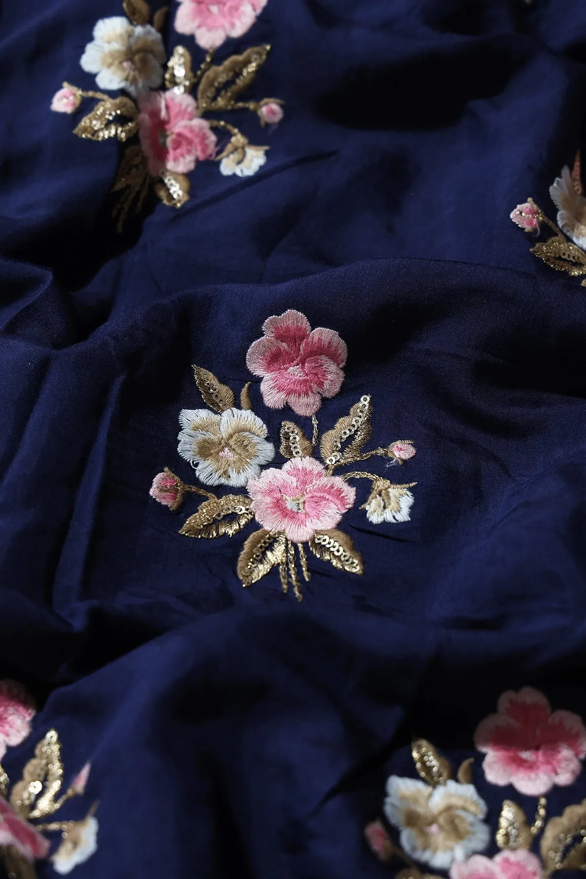 6.25 Meter Cut Piece Of Pink And Beige Thread With Gold Sequins Floral Embroidery On Navy Blue Muslin Silk Fabric