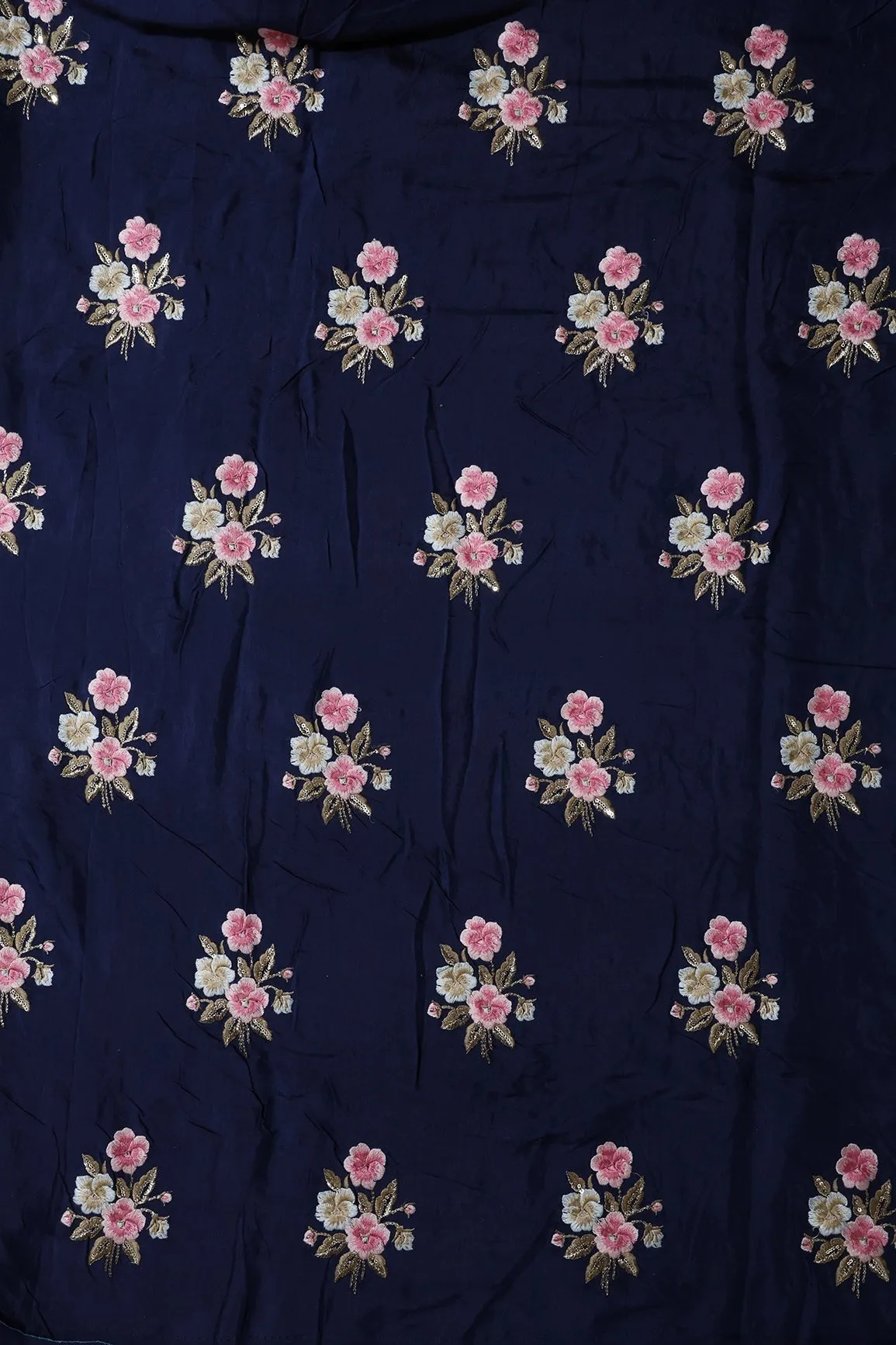 6.25 Meter Cut Piece Of Pink And Beige Thread With Gold Sequins Floral Embroidery On Navy Blue Muslin Silk Fabric