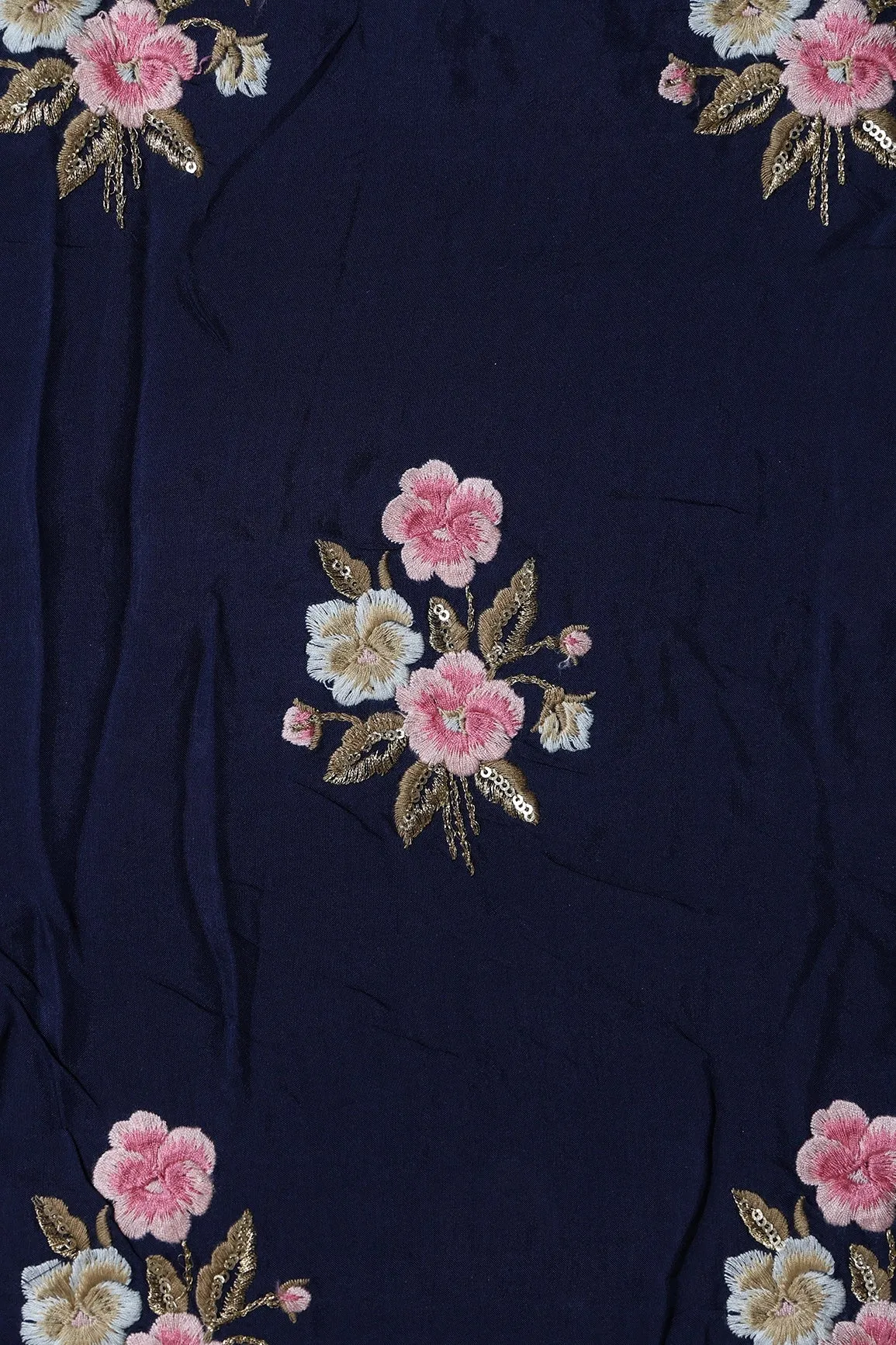 6.25 Meter Cut Piece Of Pink And Beige Thread With Gold Sequins Floral Embroidery On Navy Blue Muslin Silk Fabric