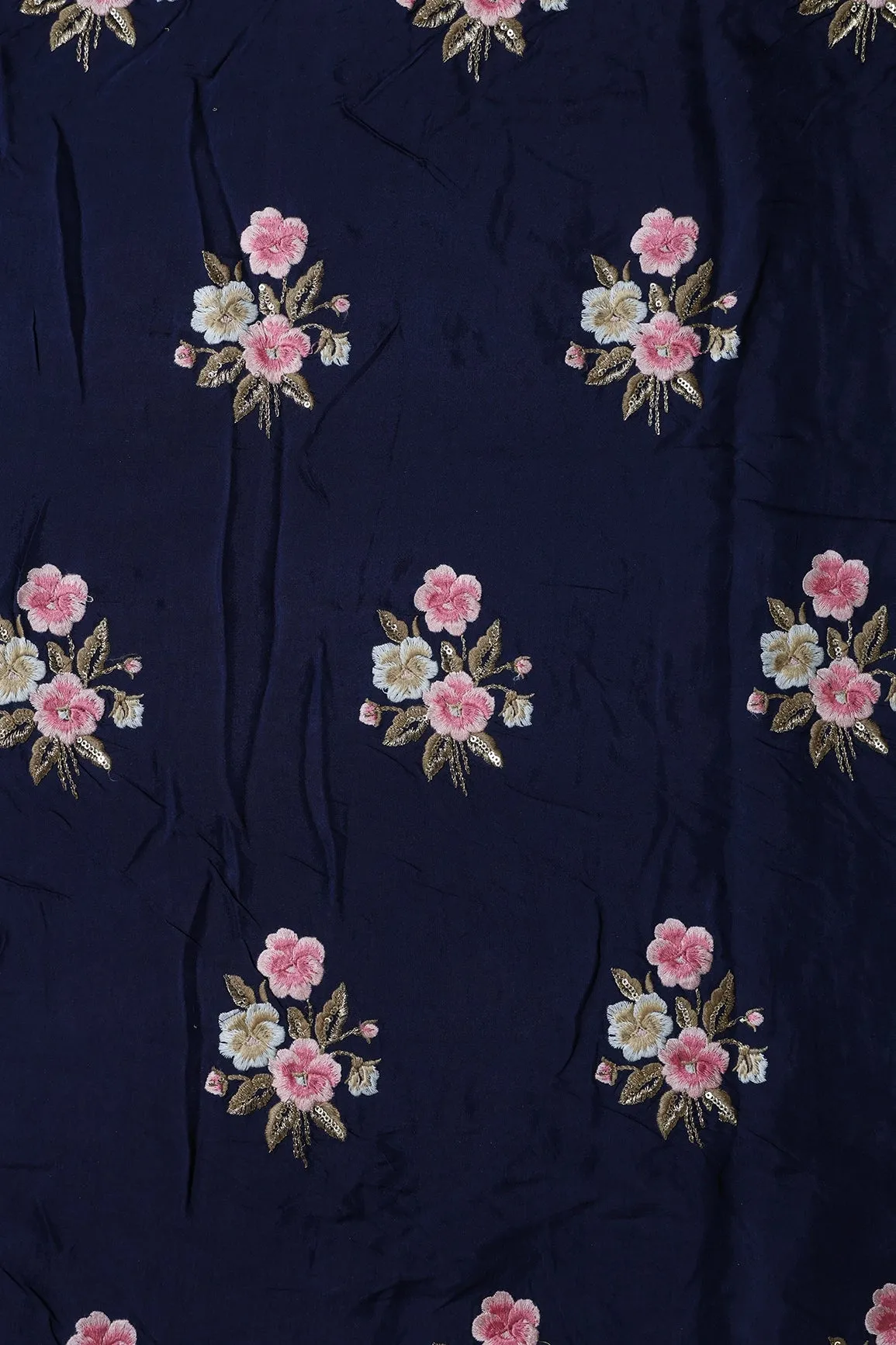 6.25 Meter Cut Piece Of Pink And Beige Thread With Gold Sequins Floral Embroidery On Navy Blue Muslin Silk Fabric