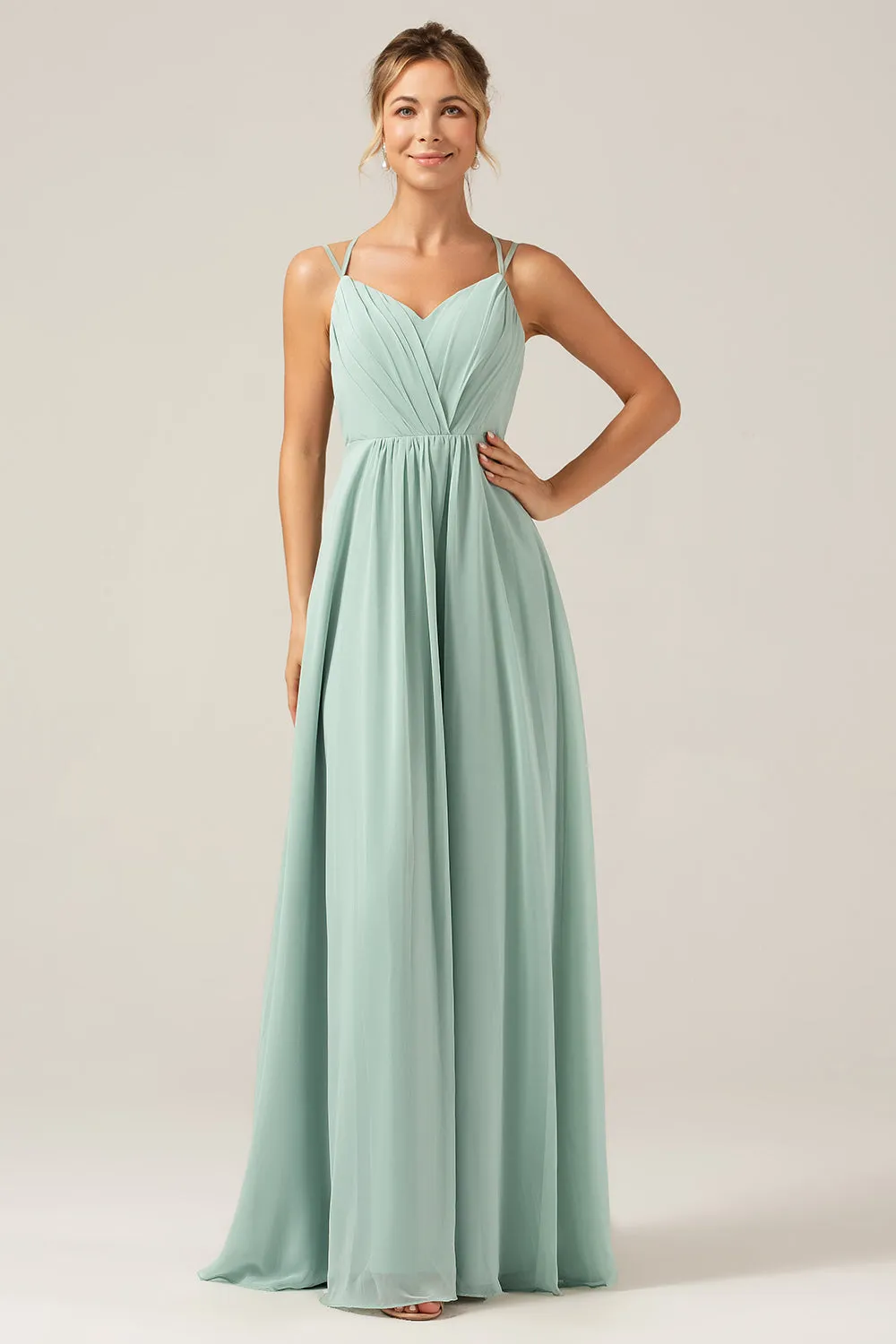 A-Line Spaghetti Straps Backless Maternity Matcha Bridesmaid Dress