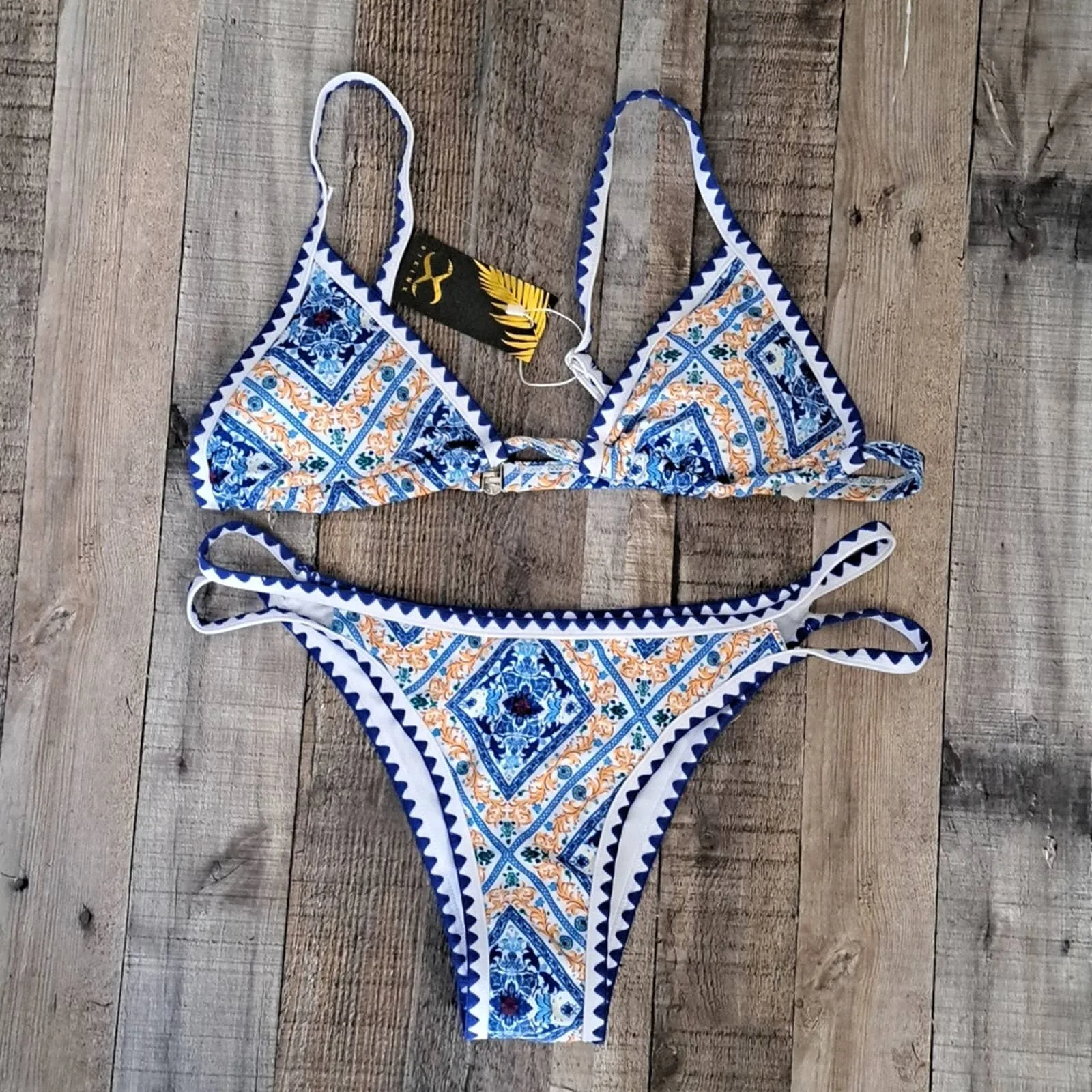 Bikinx Two pc High Leg Bikini Swim Set in Triangle Blue