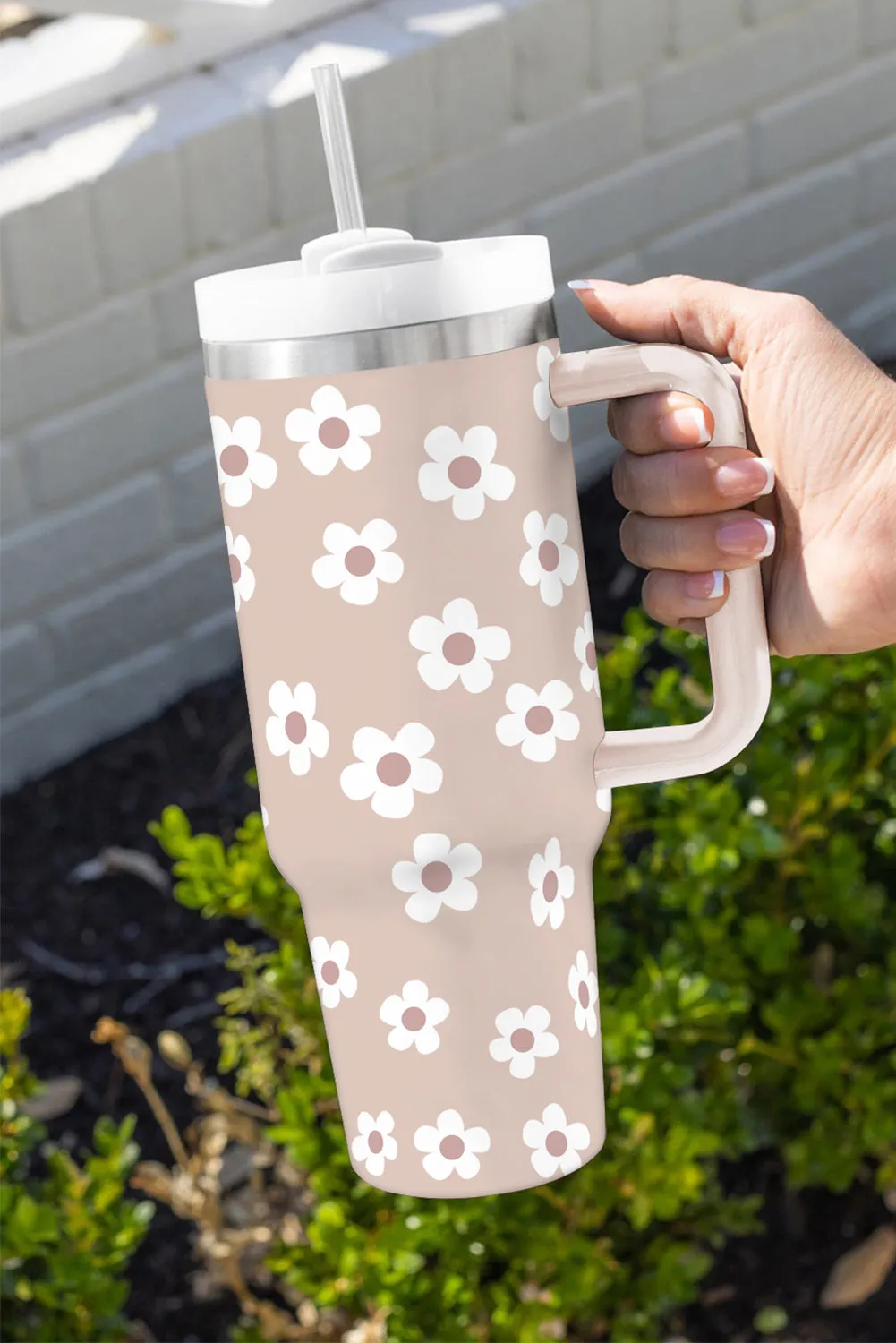 Black Floret Print Stainless Tumbler With Lid And Straw