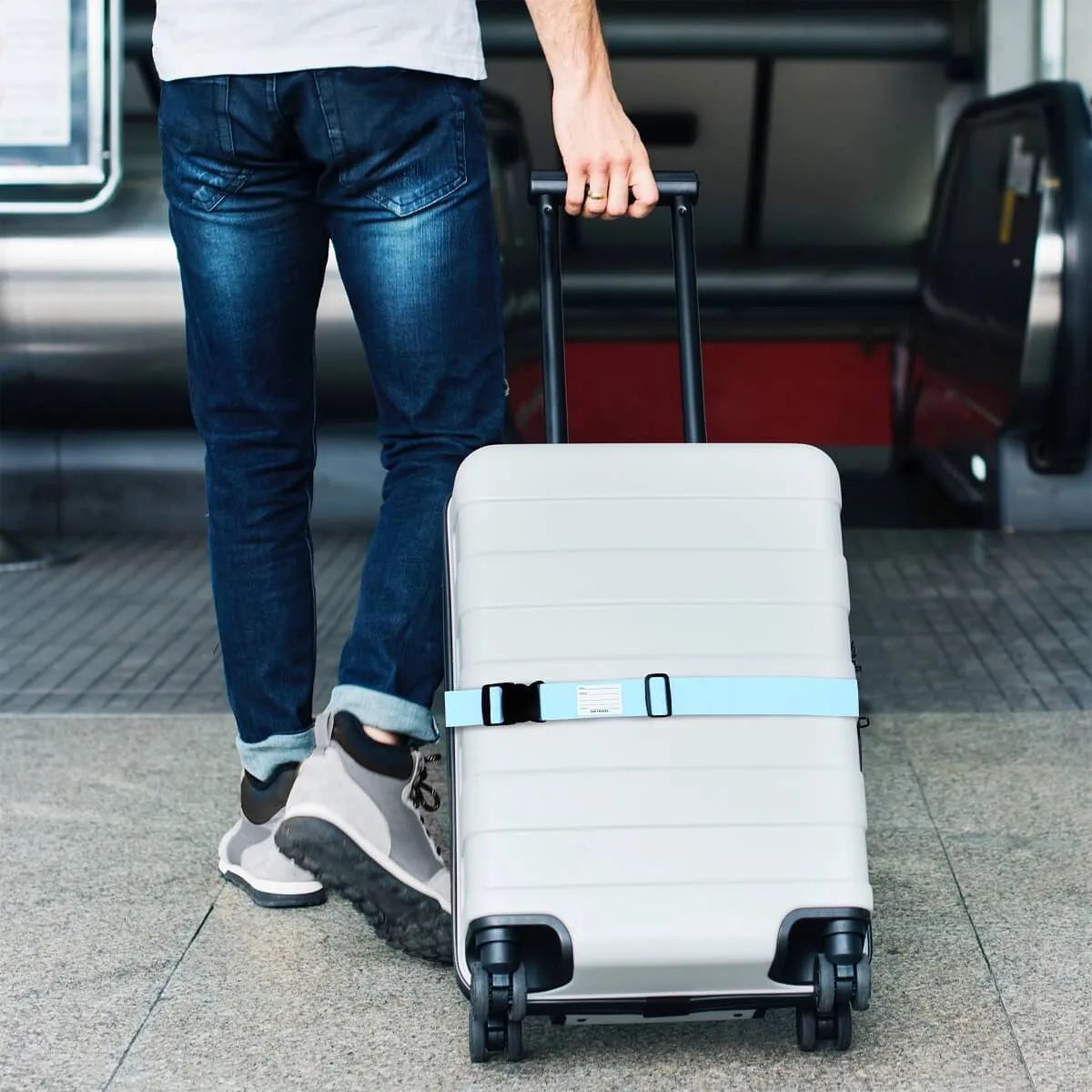 Blue and orange luggage strap suitcase belts with baggage label tag