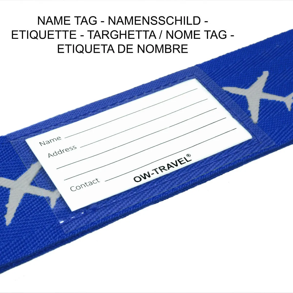 Blue and yellow luggage cross strap suitcase belts with baggage label