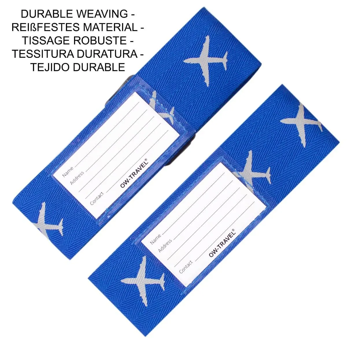 Blue and yellow luggage cross strap suitcase belts with baggage label