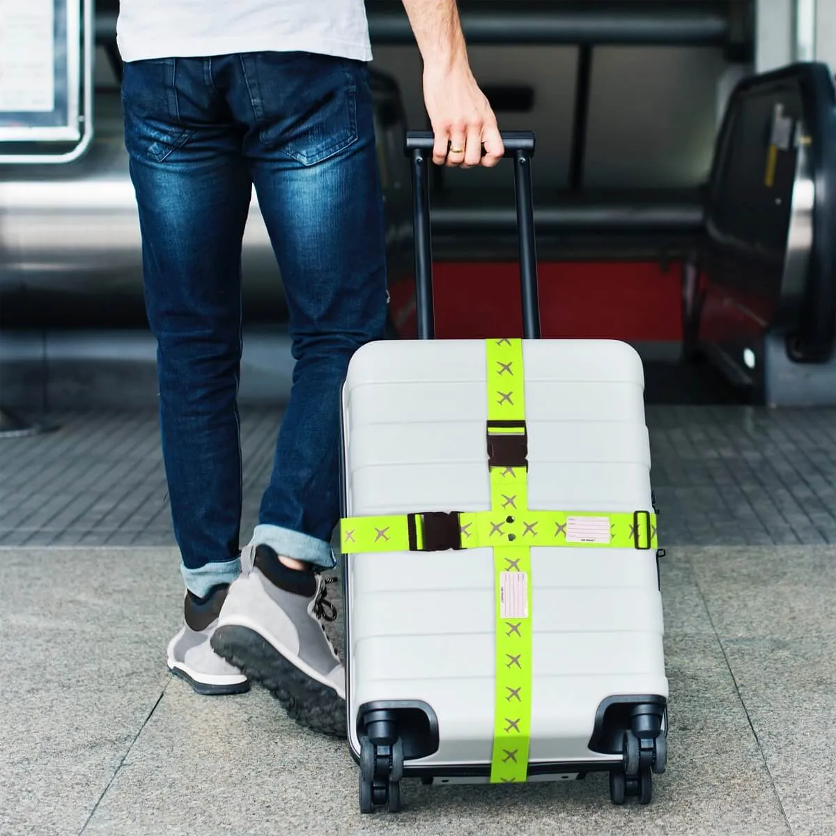 Blue and yellow luggage cross strap suitcase belts with baggage label