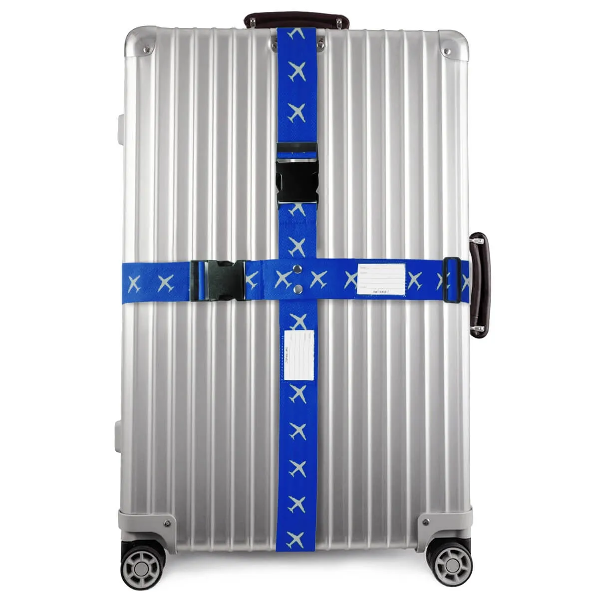 Blue and yellow luggage cross strap suitcase belts with baggage label