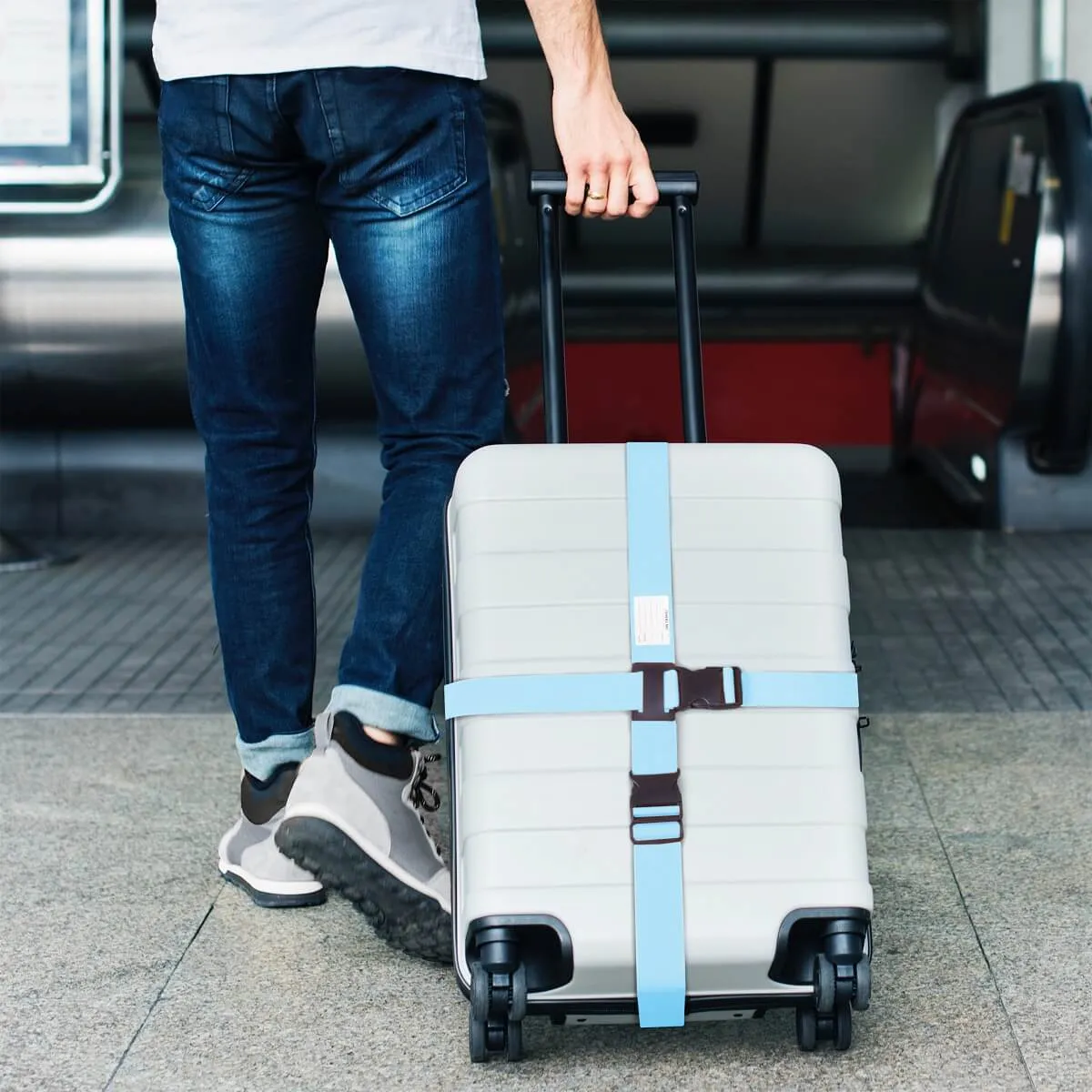 Blue luggage cross strap suitcase belts with baggage label tag