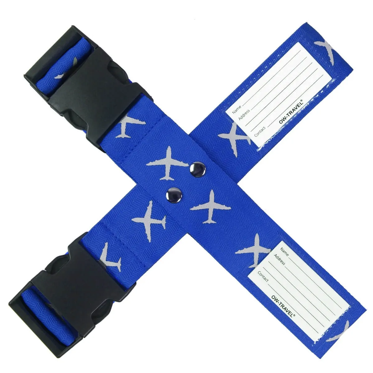 Bright blue luggage cross strap suitcase belts with baggage label tag