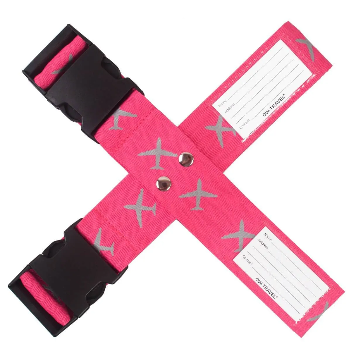 Bright pink luggage cross strap suitcase belts with baggage label tag