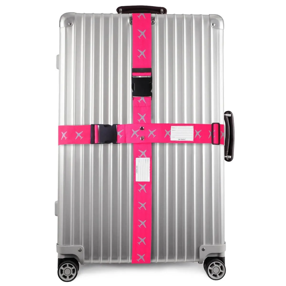 Bright pink luggage cross strap suitcase belts with baggage label tag