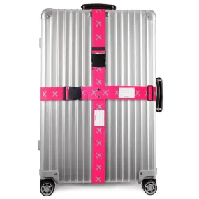 Bright pink luggage cross strap suitcase belts with baggage label tag