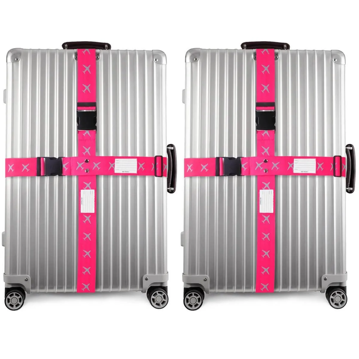 Bright pink luggage cross strap suitcase belts with baggage label tag