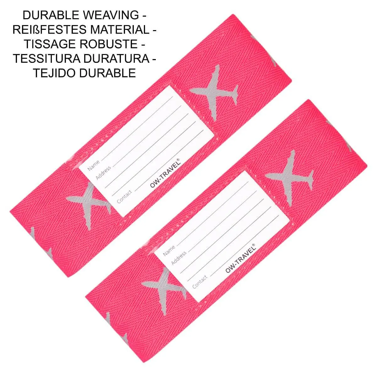Bright pink luggage cross strap suitcase belts with baggage label tag