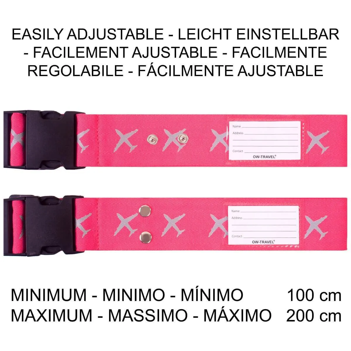 Bright pink luggage cross strap suitcase belts with baggage label tag