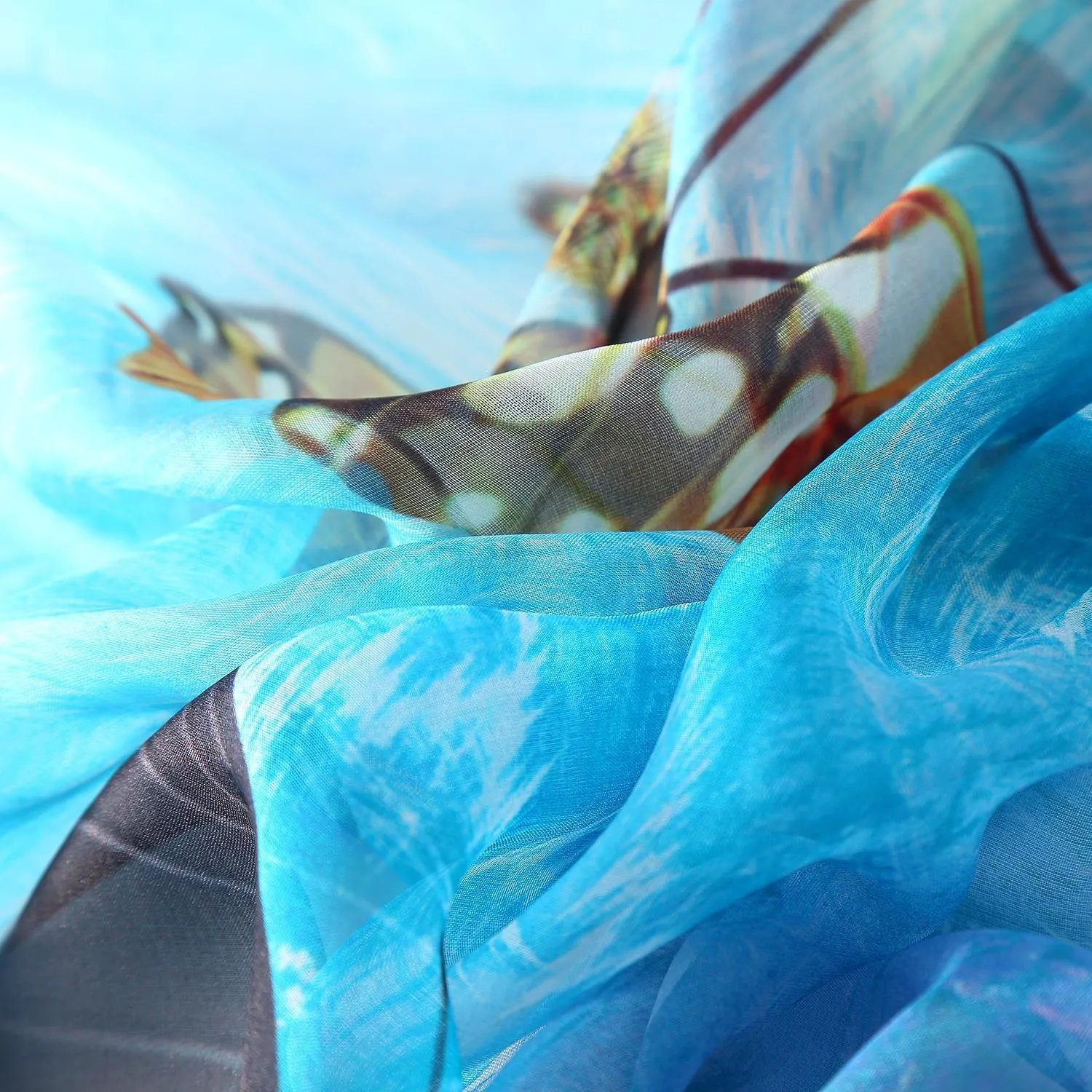 Extra Wide High Quality Silk Chiffon Scarf Blue Theme Butterfly Print SCH502