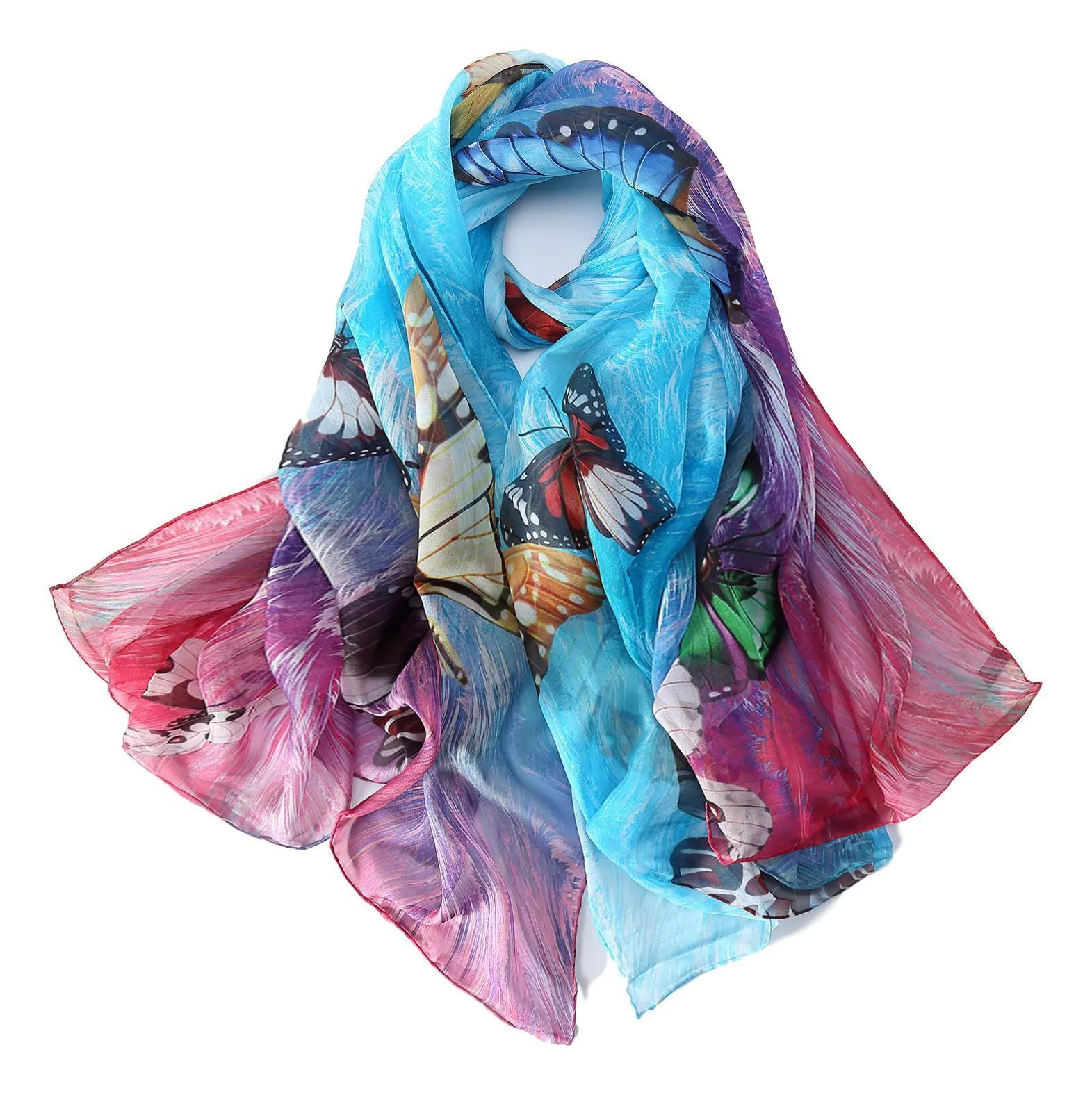 Extra Wide High Quality Silk Chiffon Scarf Blue Theme Butterfly Print SCH502