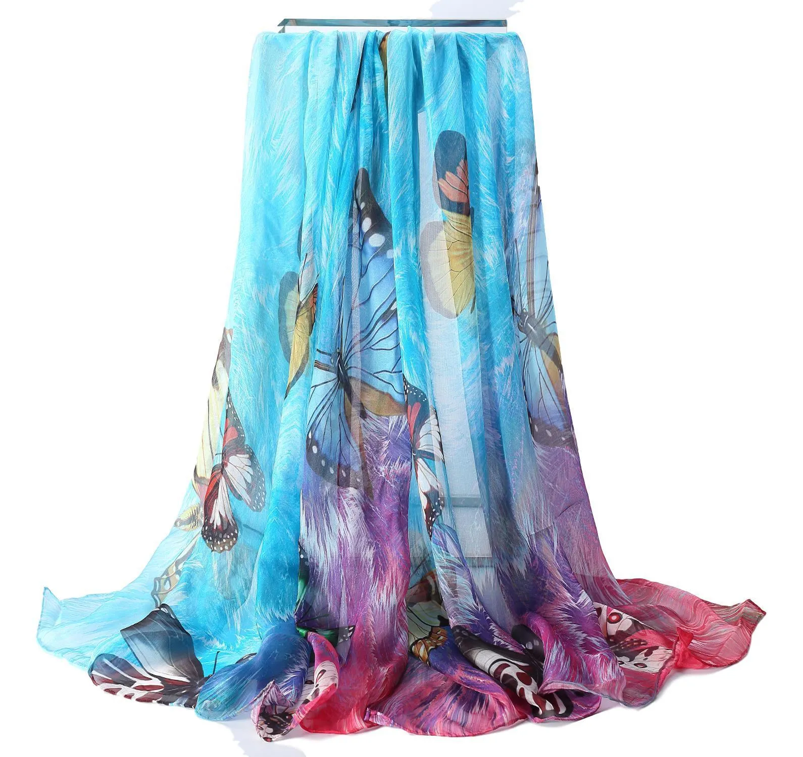 Extra Wide High Quality Silk Chiffon Scarf Blue Theme Butterfly Print SCH502
