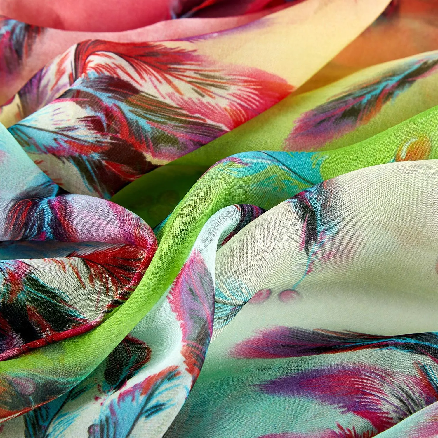 Extra Wide High Quality Silk Chiffon Scarf Green Theme Feathers Print SCH604