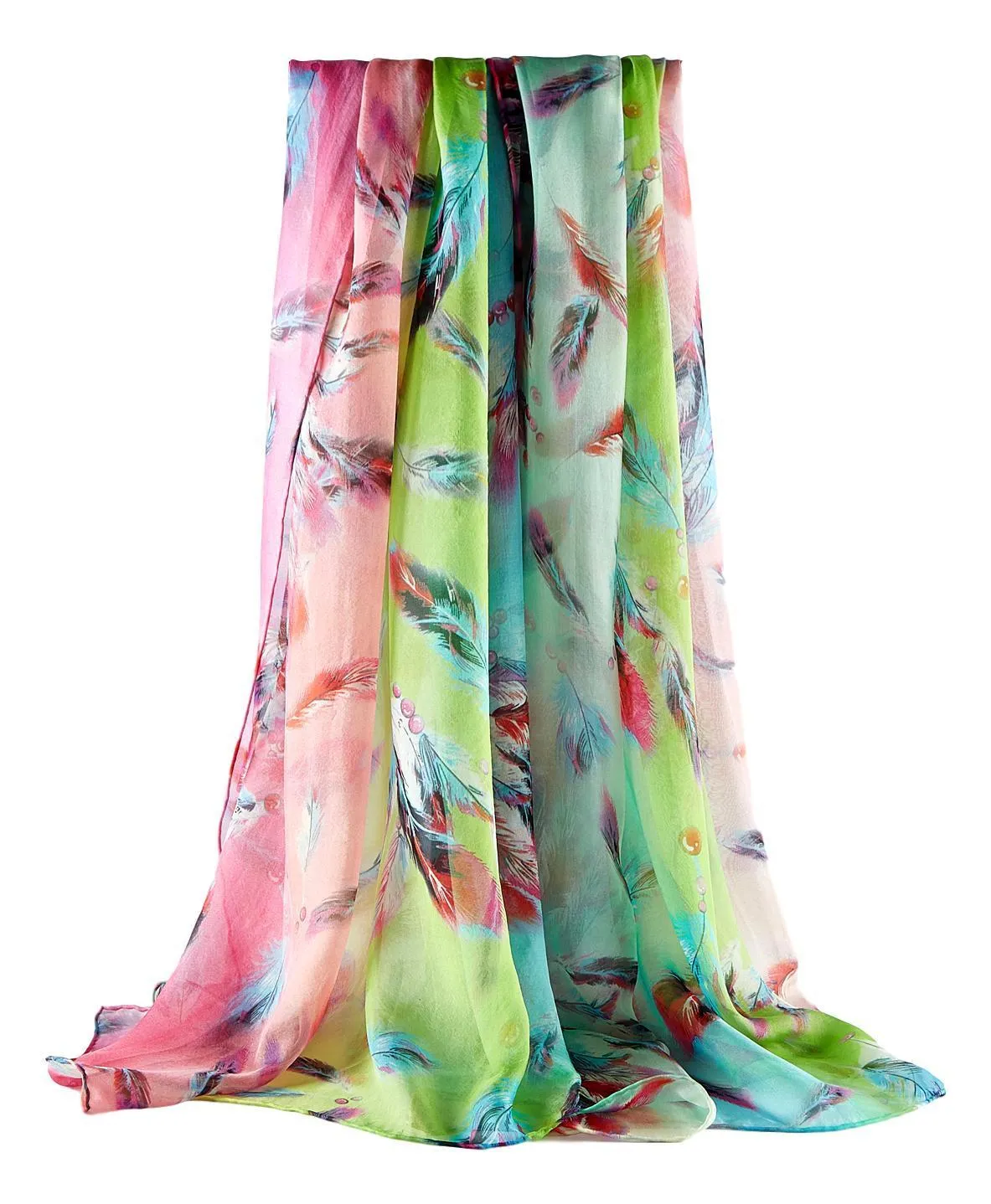 Extra Wide High Quality Silk Chiffon Scarf Green Theme Feathers Print SCH604