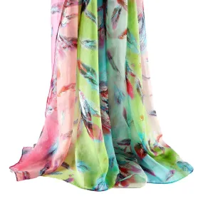 Extra Wide High Quality Silk Chiffon Scarf Green Theme Feathers Print SCH604