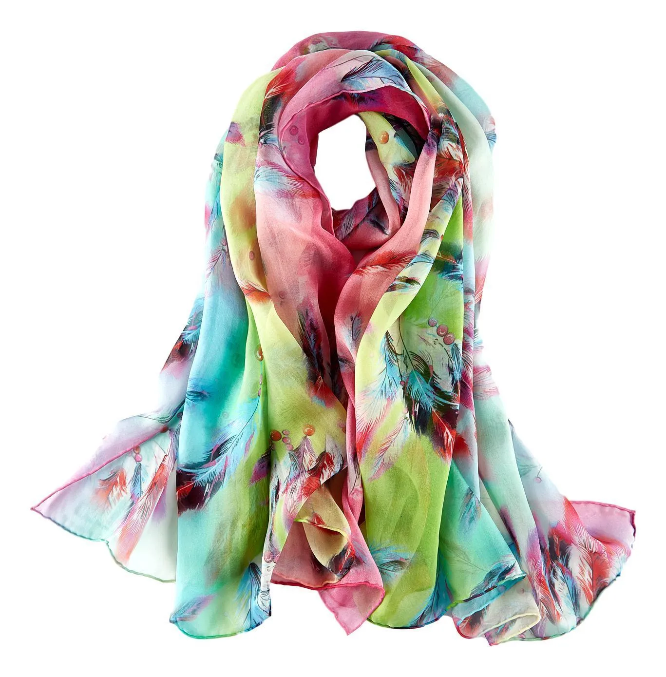 Extra Wide High Quality Silk Chiffon Scarf Green Theme Feathers Print SCH604