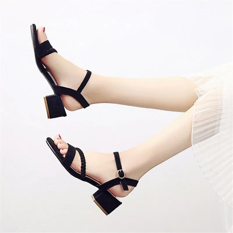 Flock Beige Heels Sandals Women Summer Shoes Open Toe Buckle Sandals Casual Square Heel