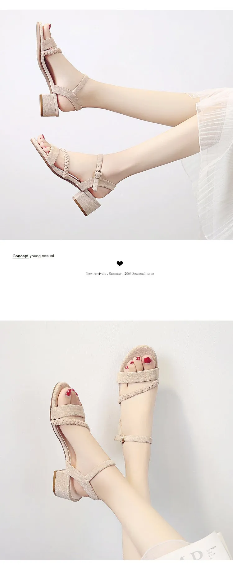 Flock Beige Heels Sandals Women Summer Shoes Open Toe Buckle Sandals Casual Square Heel