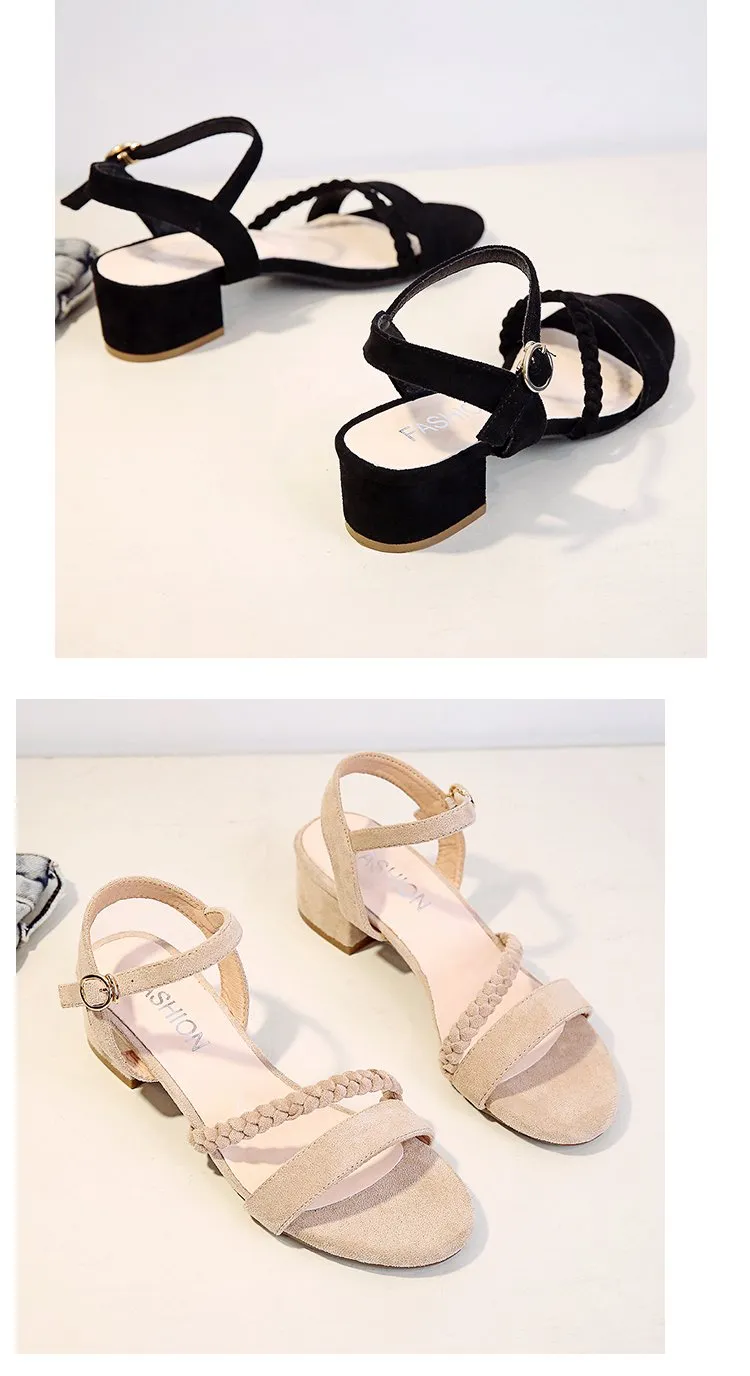 Flock Beige Heels Sandals Women Summer Shoes Open Toe Buckle Sandals Casual Square Heel