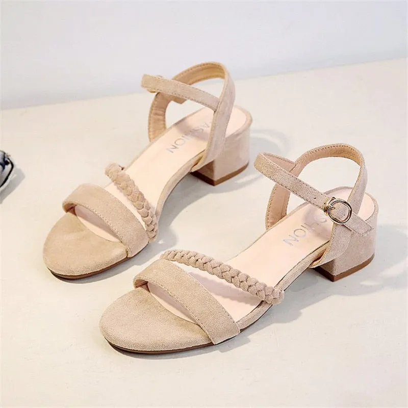 Flock Beige Heels Sandals Women Summer Shoes Open Toe Buckle Sandals Casual Square Heel