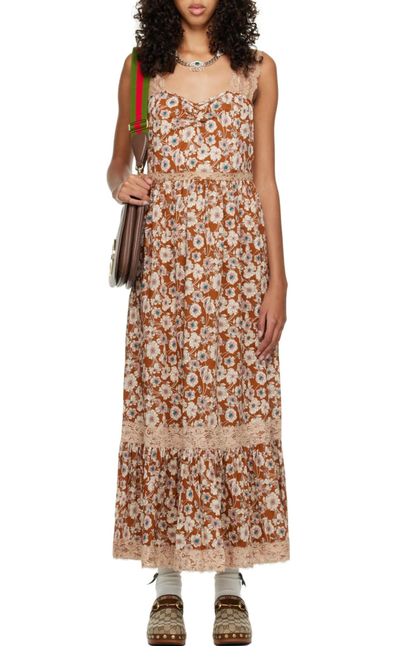 Floral-print Lace-trimmed Twill Dress