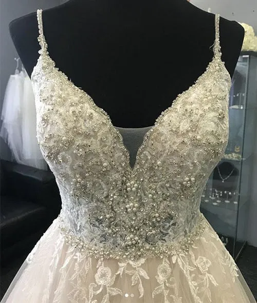 Gorgeous A-line Spaghetti Straps Tulle Lace Long Wedding Dress, SW182