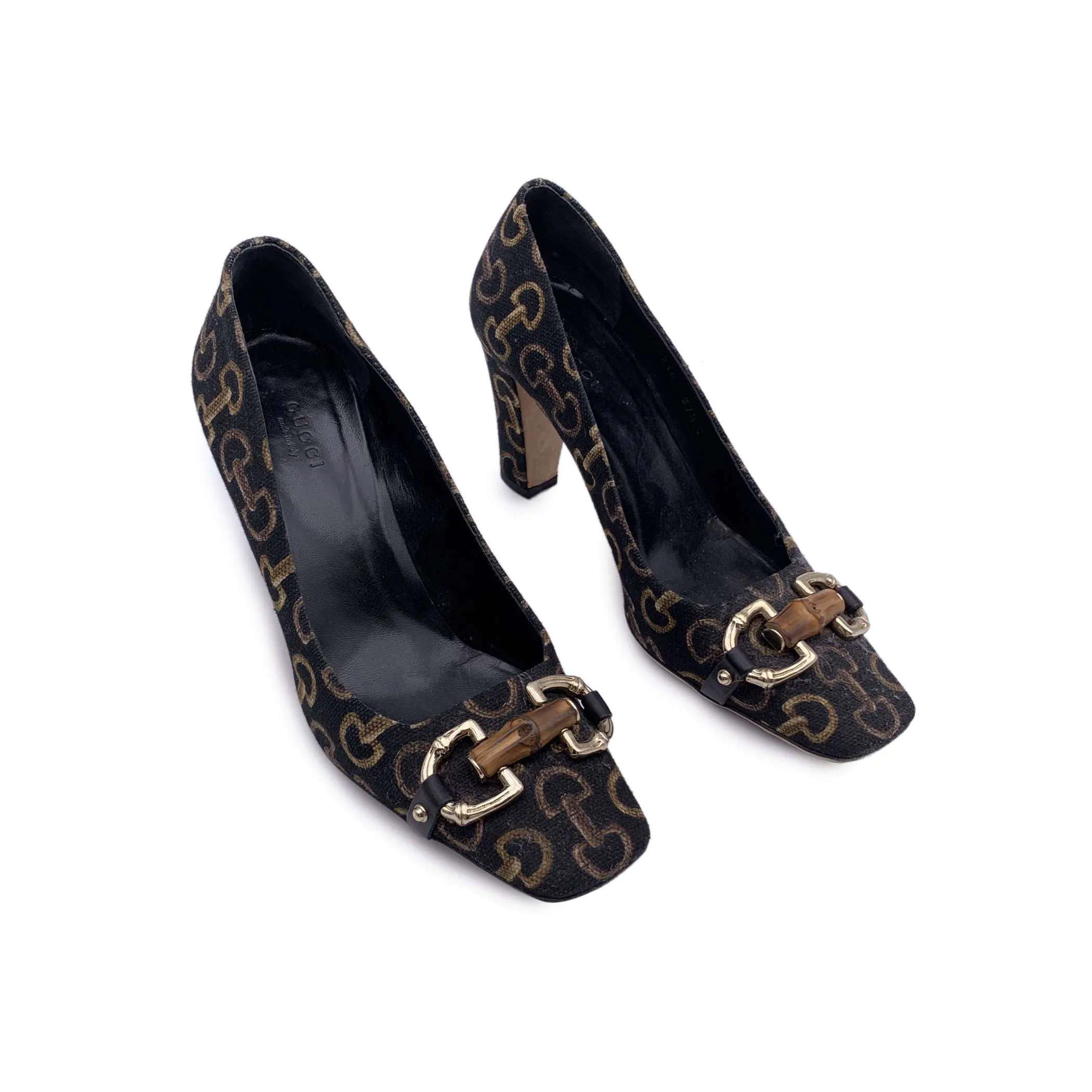 Gucci Black Horsebit Print Pumps Heels with Bamboo Horsebit Size 37.5