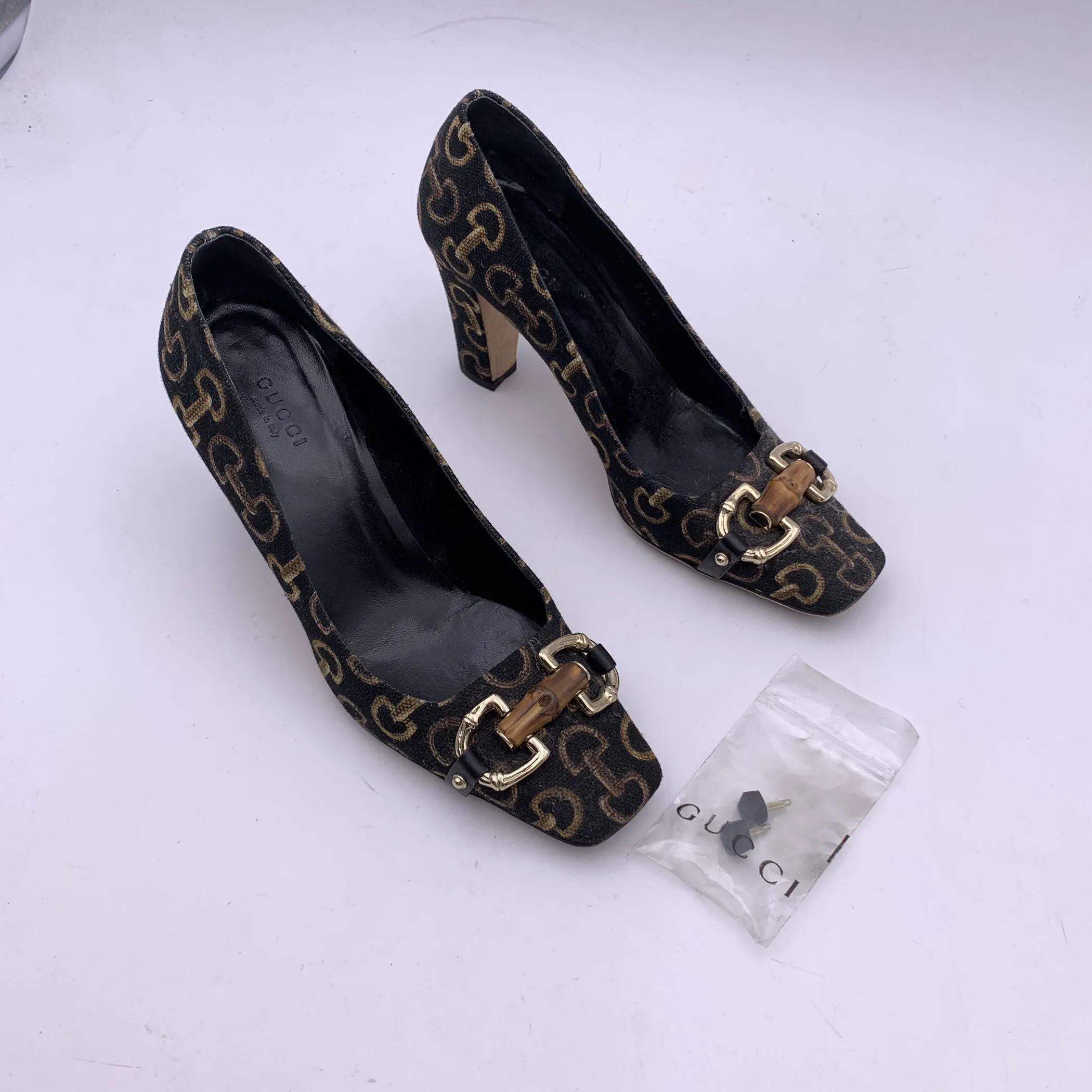 Gucci Black Horsebit Print Pumps Heels with Bamboo Horsebit Size 37.5