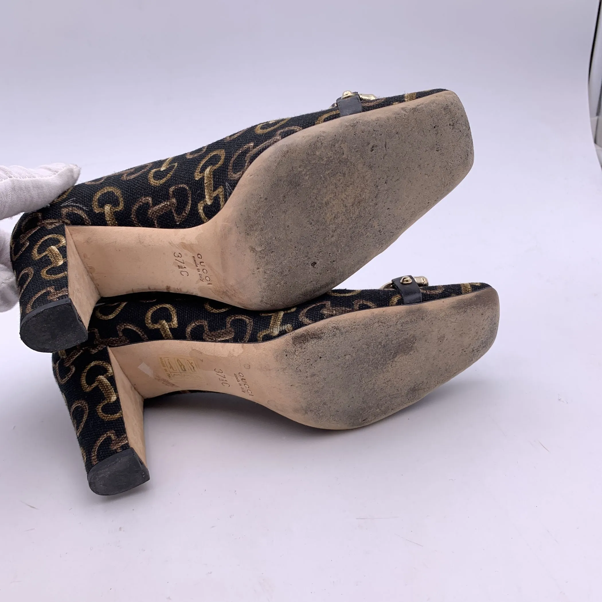 Gucci Black Horsebit Print Pumps Heels with Bamboo Horsebit Size 37.5