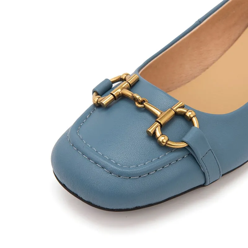 Horsebit-Detailed Block Heel Leather Loafers for Women Black/Blue