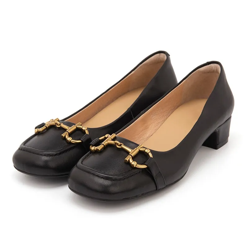 Horsebit-Detailed Block Heel Leather Loafers for Women Black/Blue