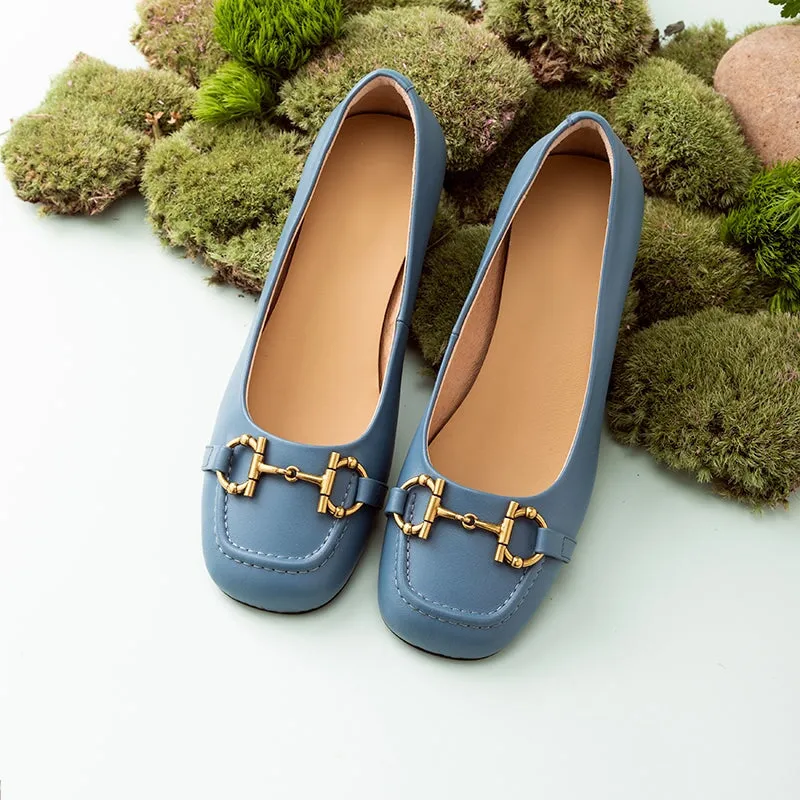 Horsebit-Detailed Block Heel Leather Loafers for Women Black/Blue