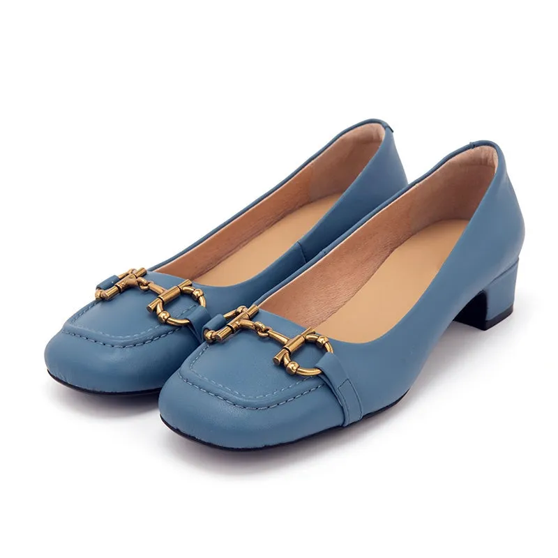Horsebit-Detailed Block Heel Leather Loafers for Women Black/Blue