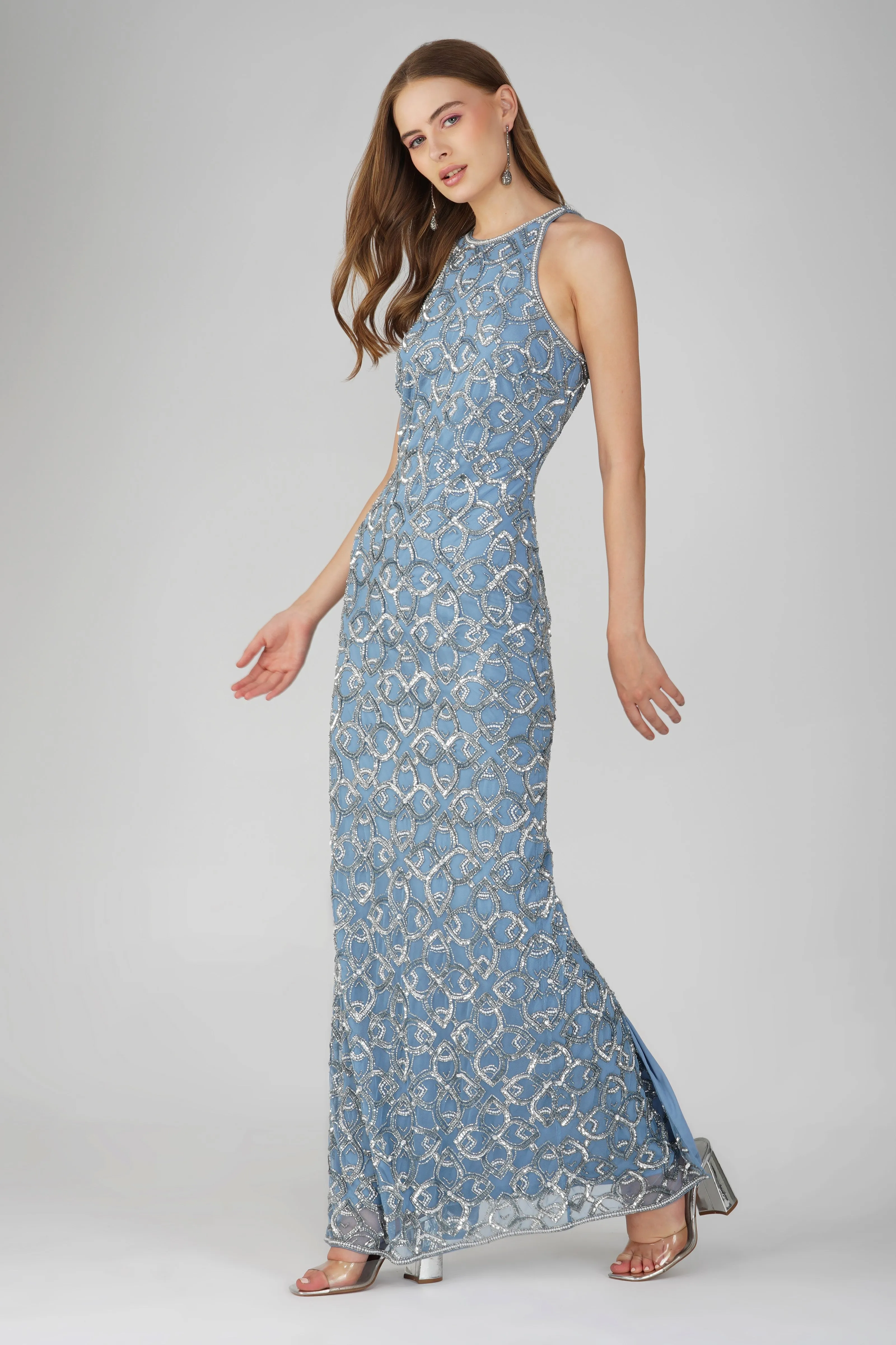 Maddox Embellished Maxi Dress in Powder Blue