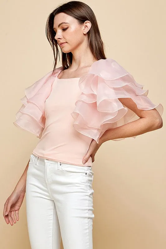 Peach Layered Puff Sleeves Blouse