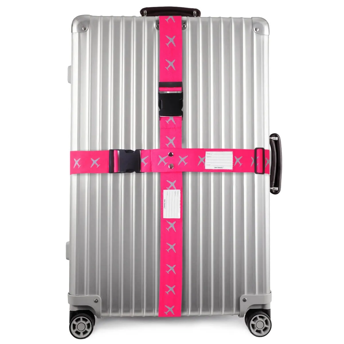 Pink and Yellow luggage cross strap suitcase belts with baggage label