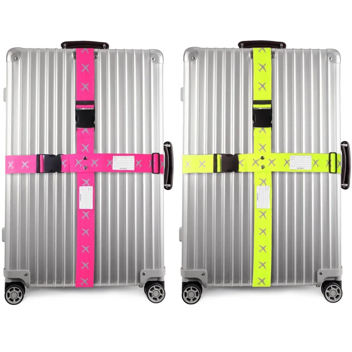 Pink and Yellow luggage cross strap suitcase belts with baggage label