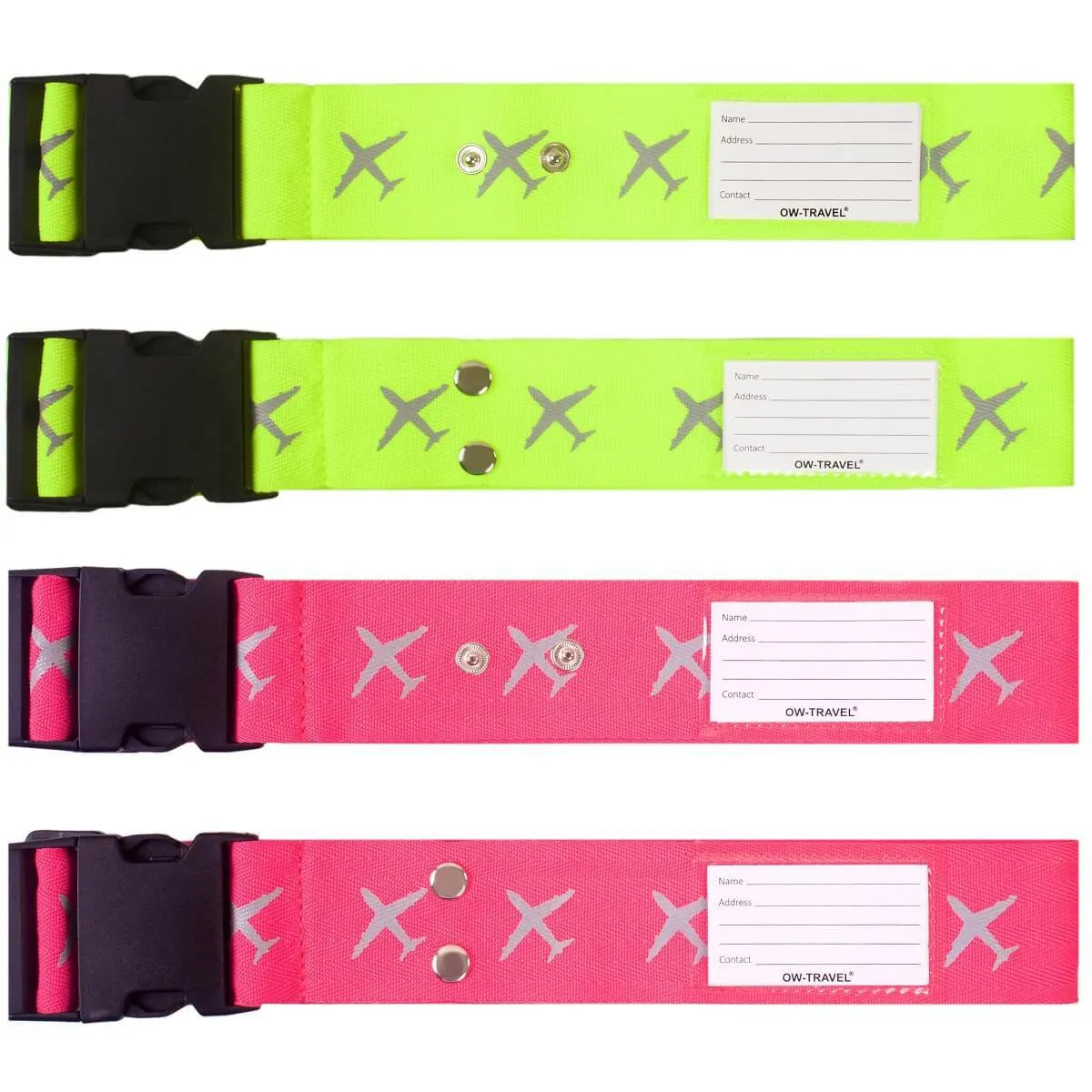 Pink and Yellow luggage cross strap suitcase belts with baggage label