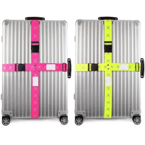Pink and Yellow luggage cross strap suitcase belts with baggage label